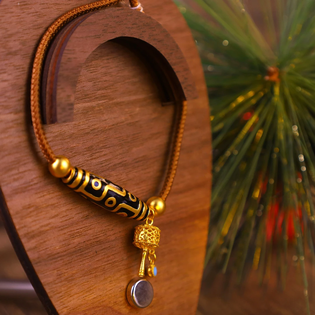 朝銮黄金【九眼天珠+转经筒】古法金珐琅彩足金挂坠吊坠