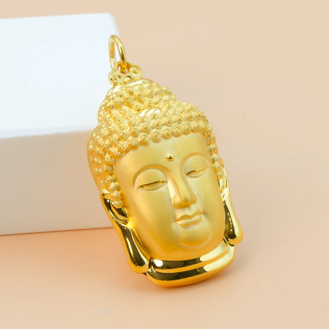 老庙足金999佛头吊坠5D工艺平安毛衣链吊坠