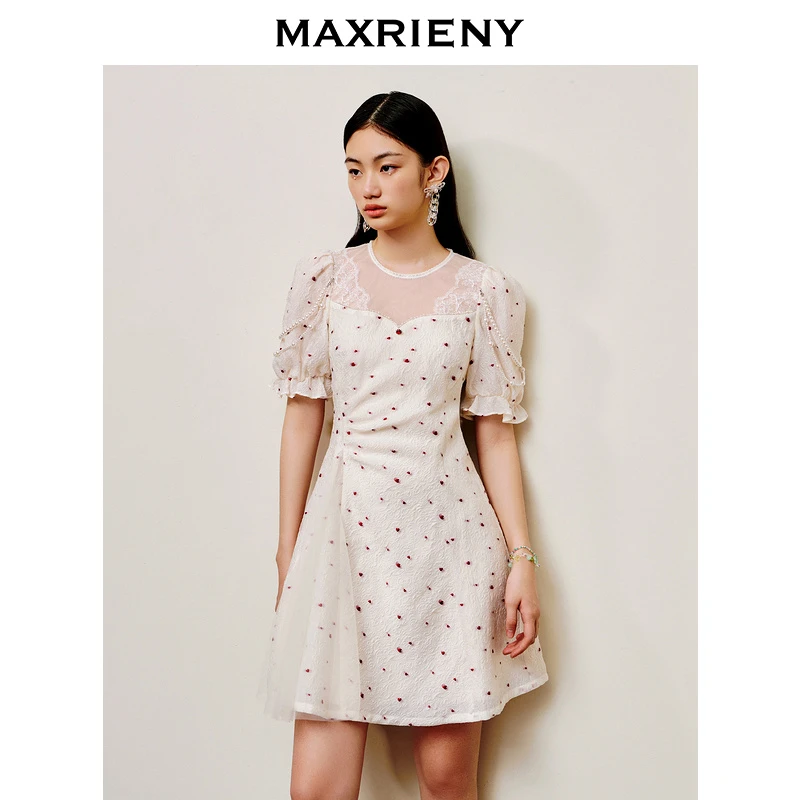 【千颂妮专属】MAXRIENY甜美感提花泡泡袖连衣裙夏款娃娃裙小白裙