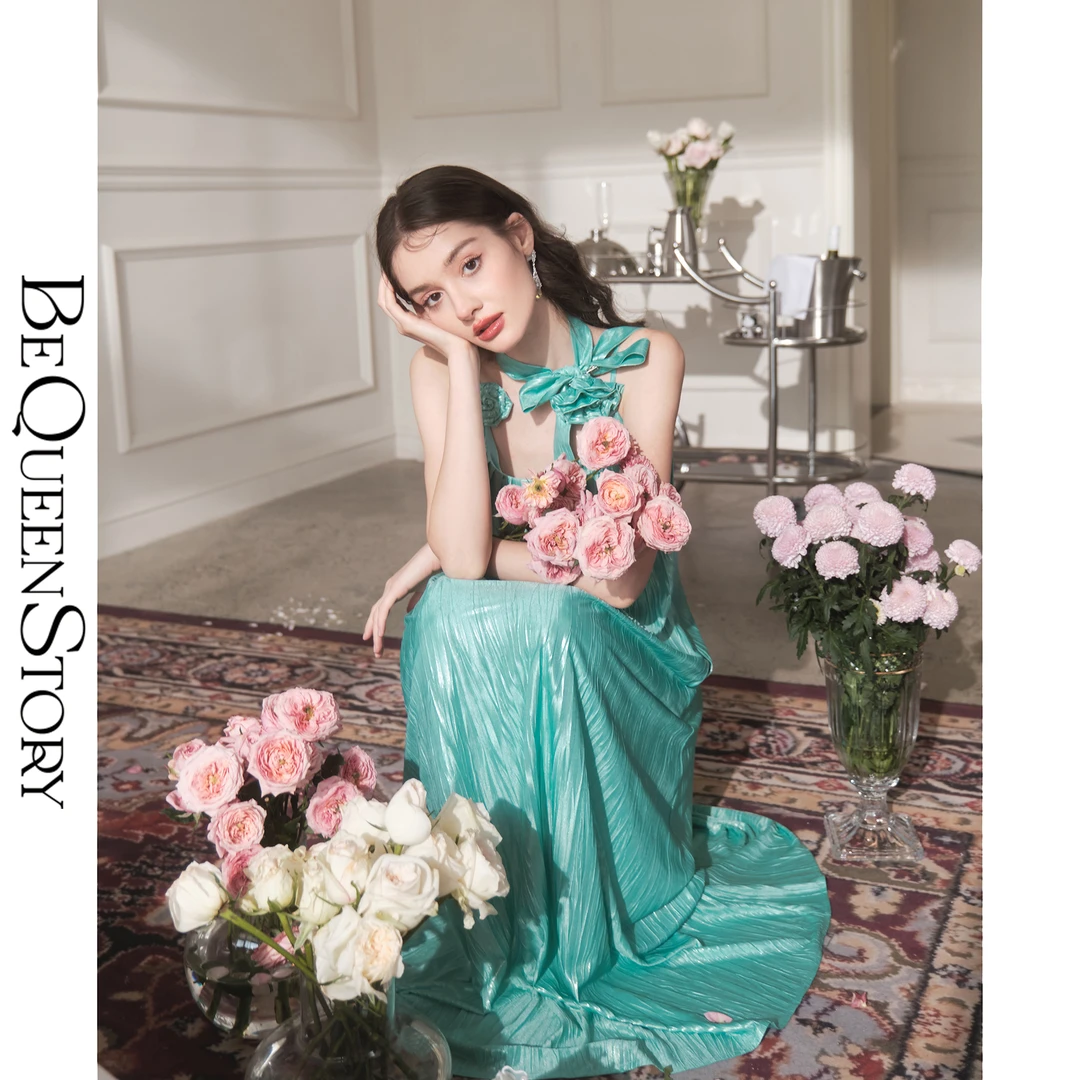 BeQueenStory【蓝色人鱼姬】浪漫轻奢U领吊带连衣裙2025夏季新款