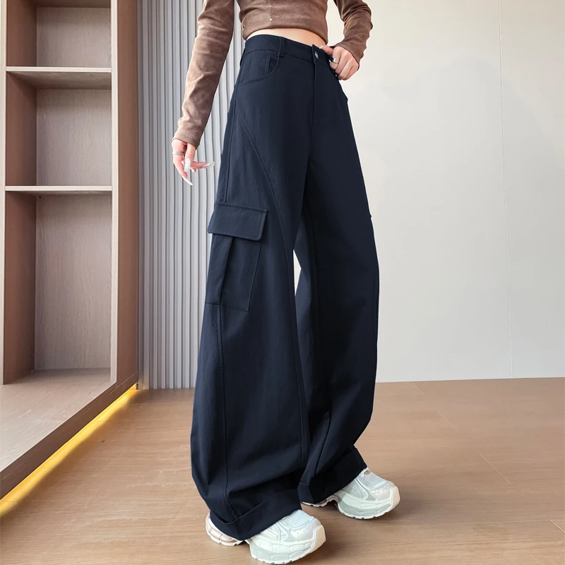 藏青色翻边阔腿弯刀裤女秋2025新款酷飒风高腰休闲冲锋香蕉工装裤