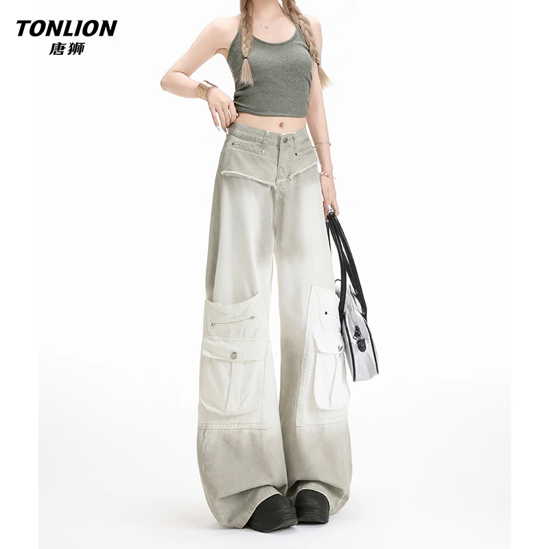 唐狮设计感小众扎染渐变灰白工装牛仔裤女2025超火高腰宽松阔腿裤