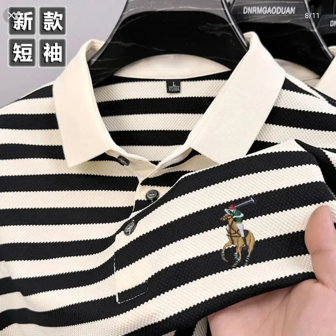【100高弹棉】夏季短袖Polo衫免烫半袖修身条纹纽扣薄款上衣洋气