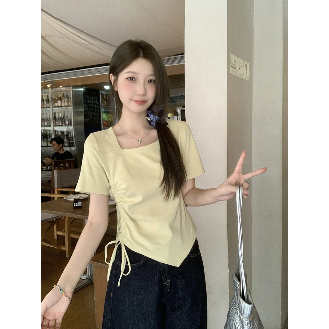 2025夏装新款胖mm大码女设计感欧若风不规则抽绳小众短袖T恤上衣
