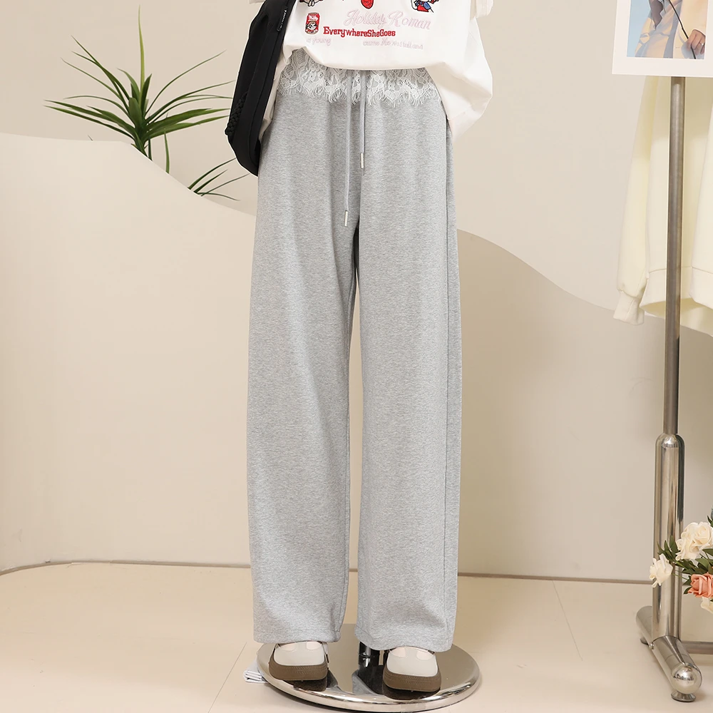 C4668女童腰部蕾丝花边针织裤大童青少年时尚洋气运动裤休闲裤