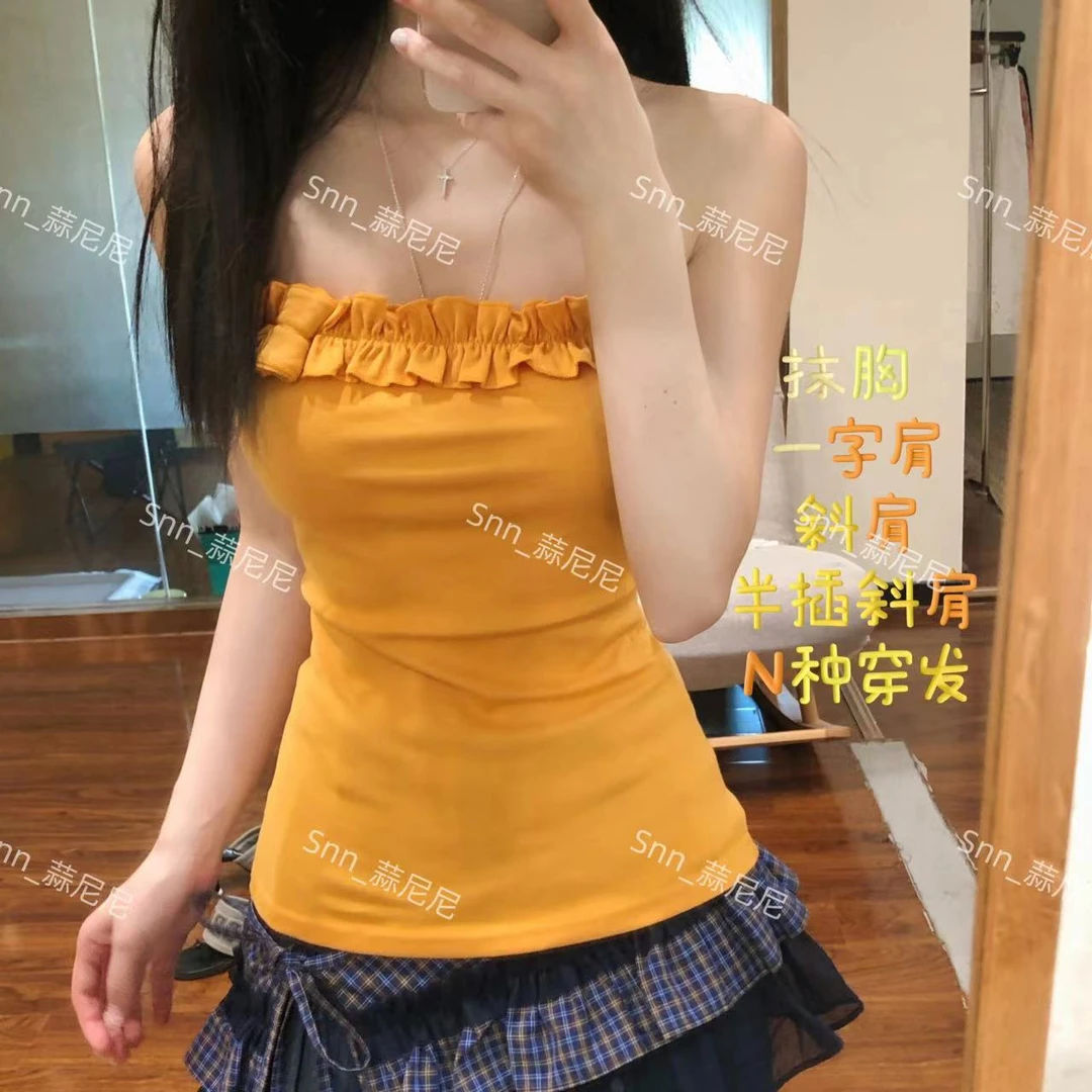 花朵花边一字肩斜肩抹胸多穿法海岛度假氛围通勤显瘦吊带上衣0374