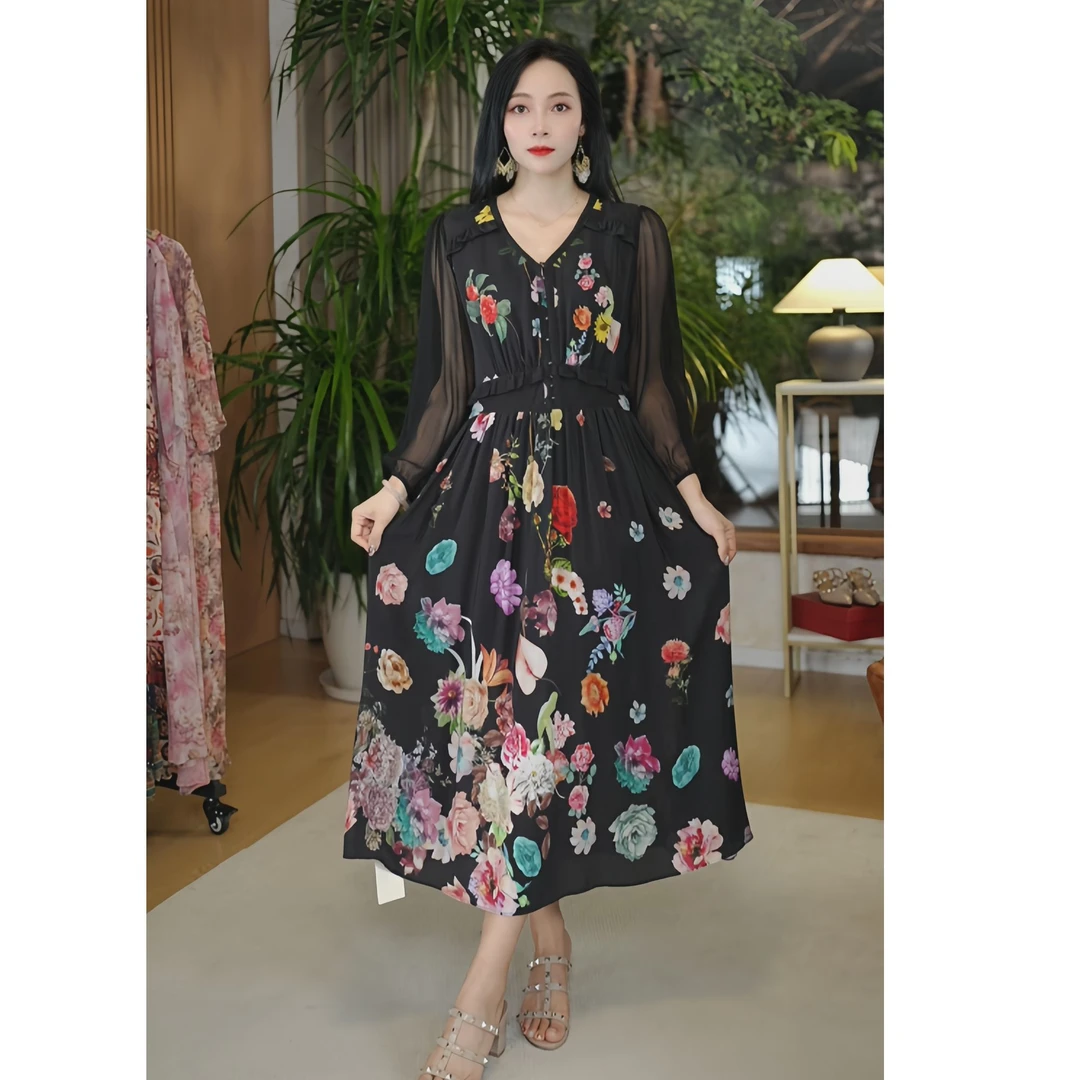 黑色牡丹#高定桑蚕丝单层连衣裙#1919#HX#120