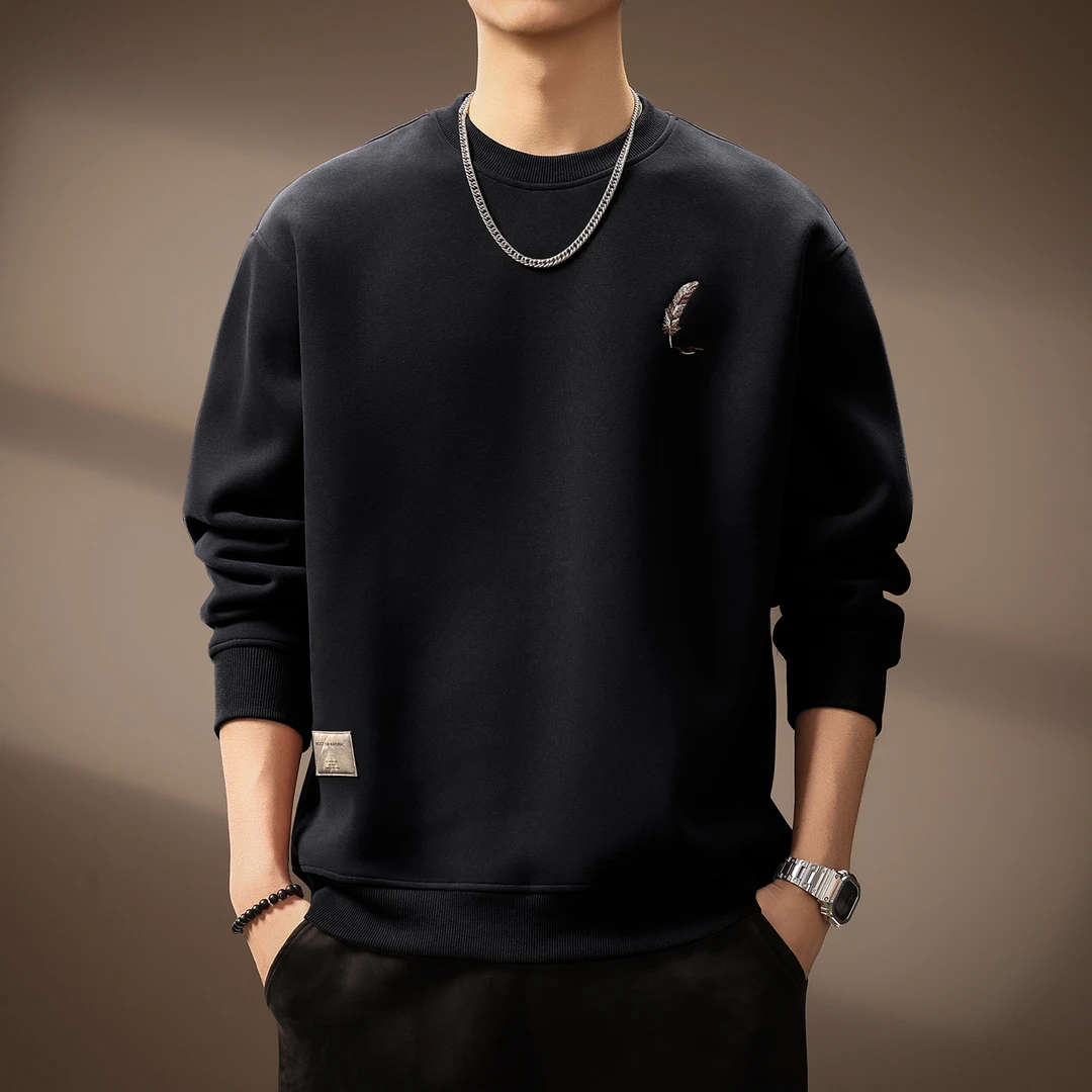 高端美式复古简约刺绣重磅卫衣男秋季新款宽松休闲套头舒适上衣男