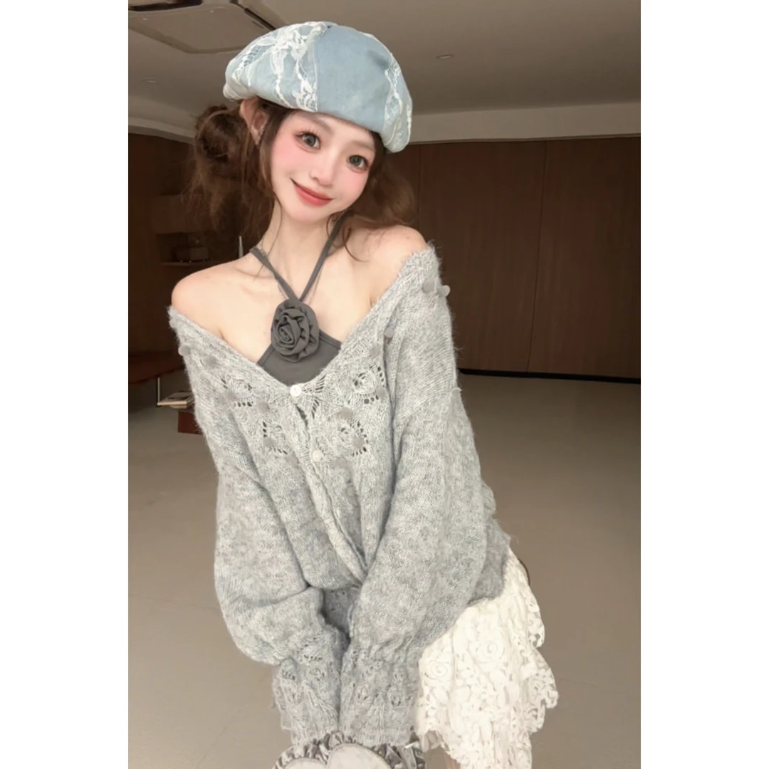 灰色针织毛衣女宽松早秋薄款长袖 用蓝风