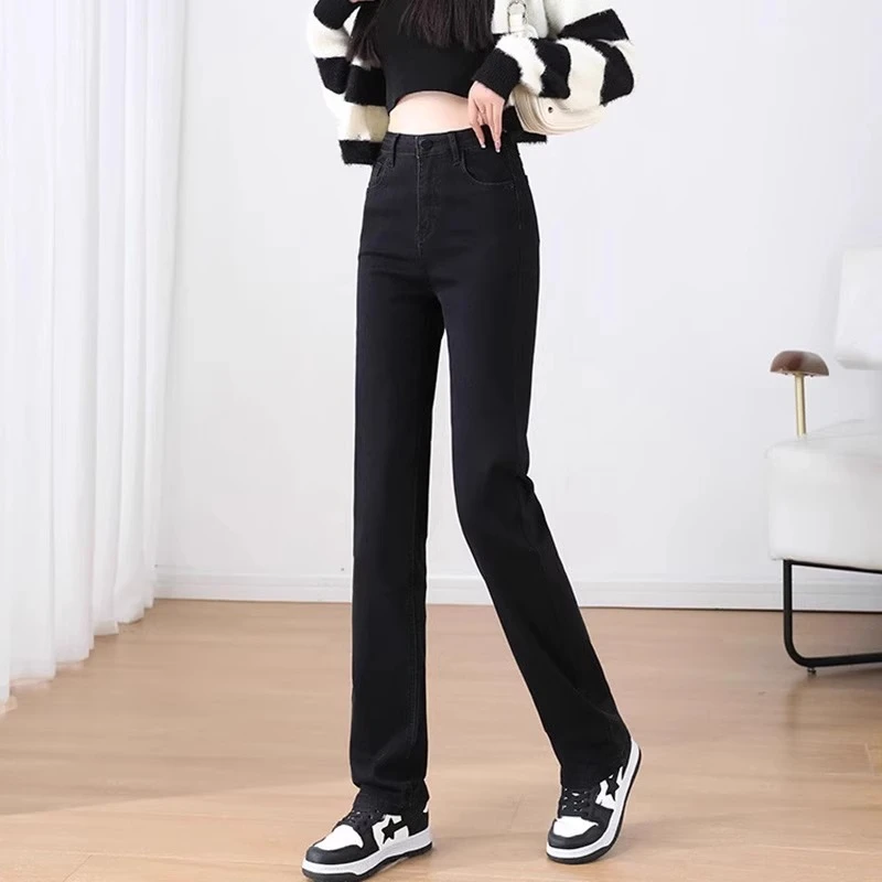 黑色窄版高腰阔腿直筒牛仔裤女2025年春秋加绒新款春秋爆款长裤子
