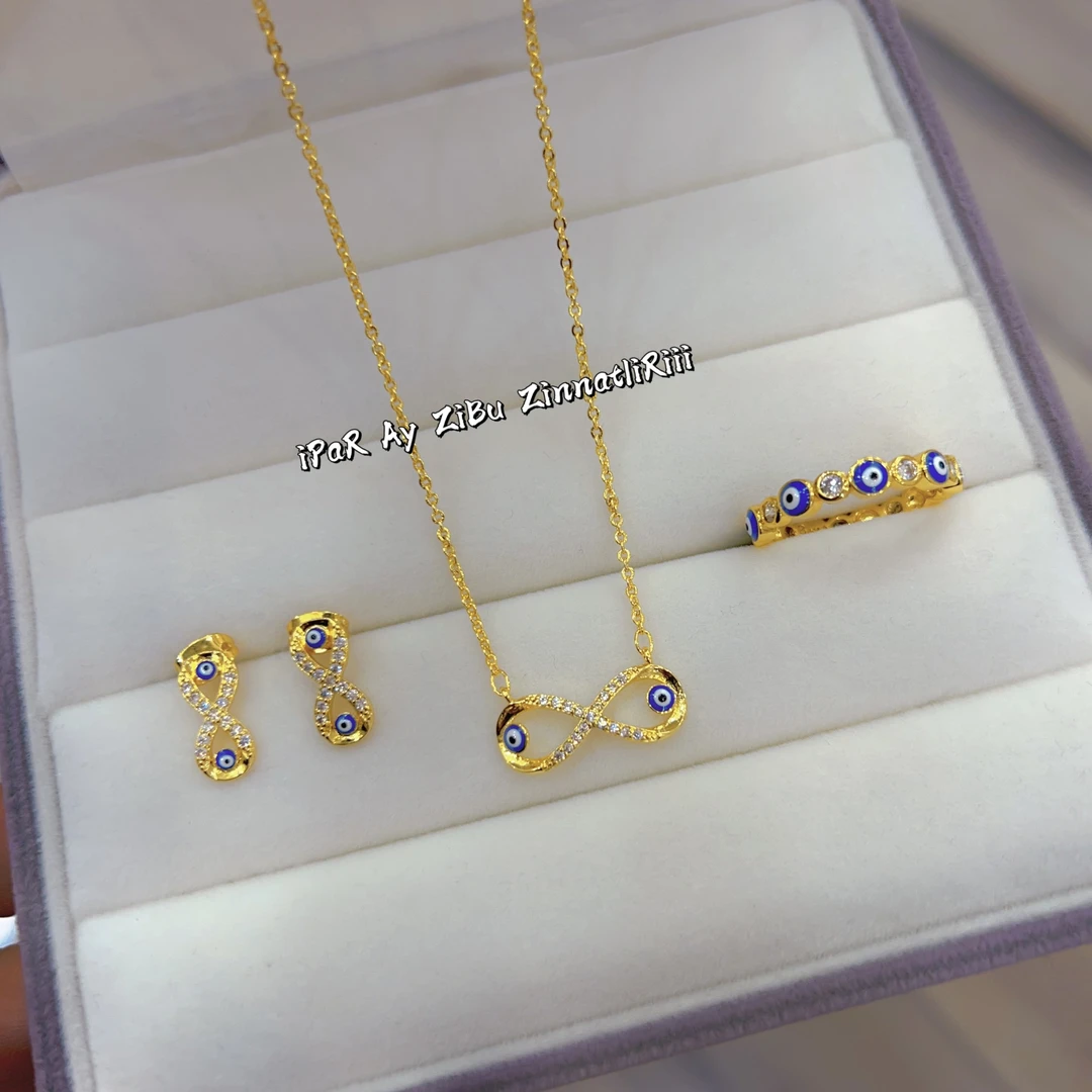 铜合金项链 伊帕尔阿依新款时尚精美铜合金三件套 满钻轻奢简约