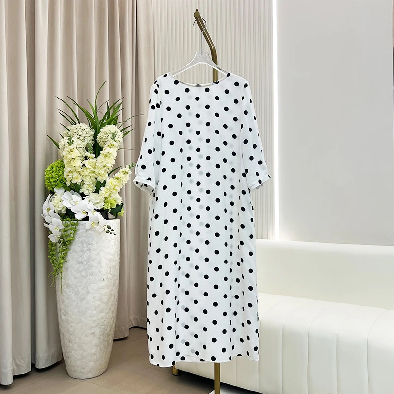 【宸慕】女士春夏圆领舒适重磅波点桑蚕丝连衣裙25563
