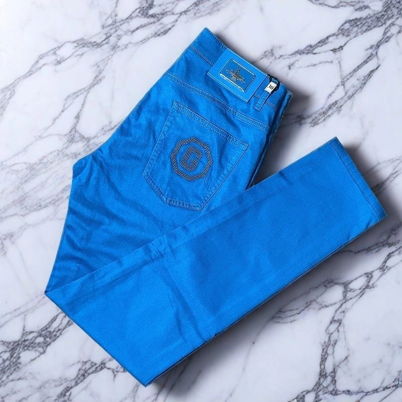 欧货中腰男立体剪裁薄款小直筒牛仔裤男裤蓝色弹力修身新款休闲裤