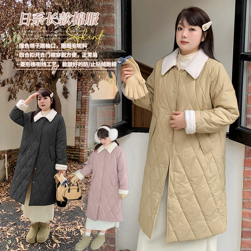 【红袖雨】大码女装菱格中长款棉服冬季保暖上衣SN0724411803