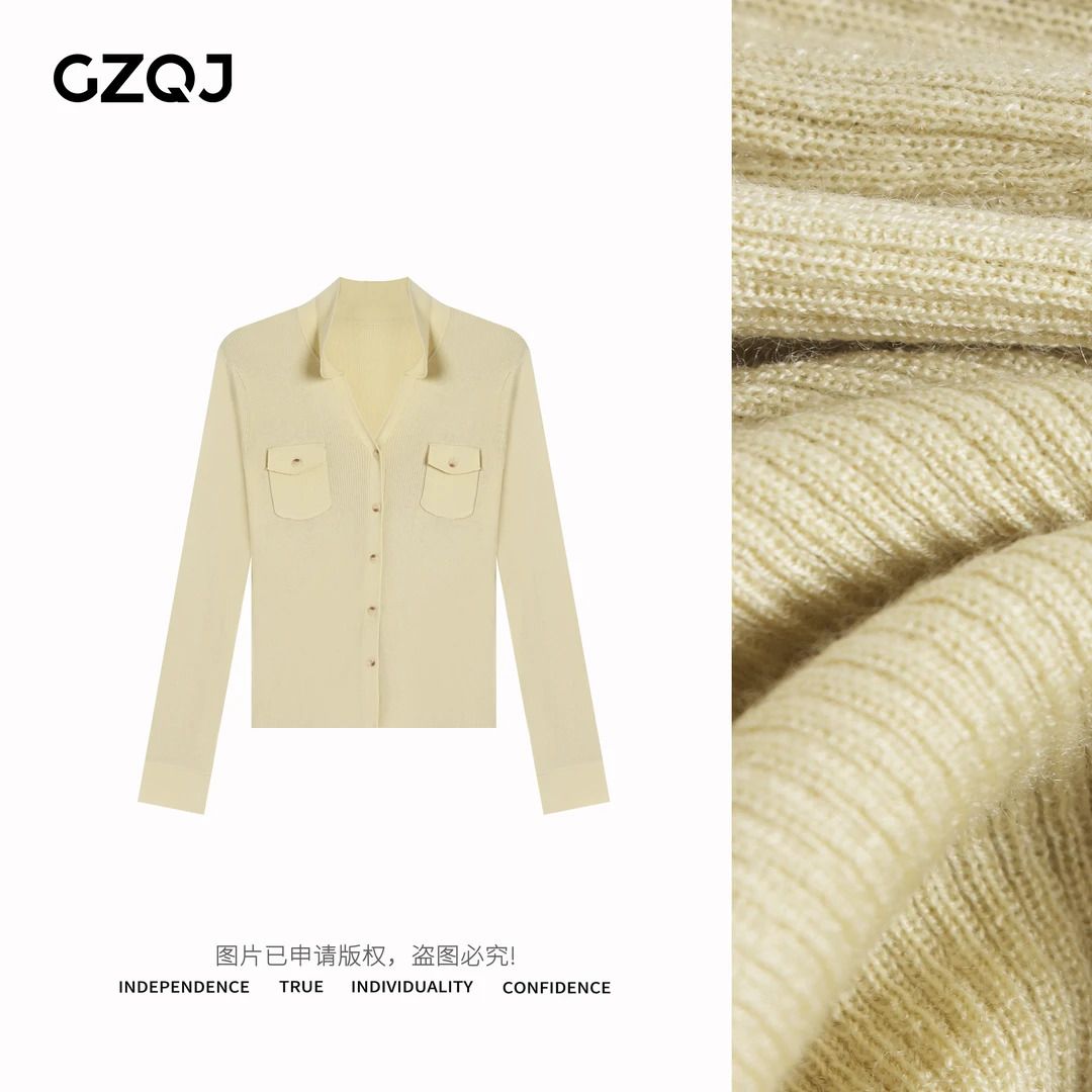 广州琴姐【口袋织梦】时尚气质百搭黄色V领长袖针织开衫女打底9304