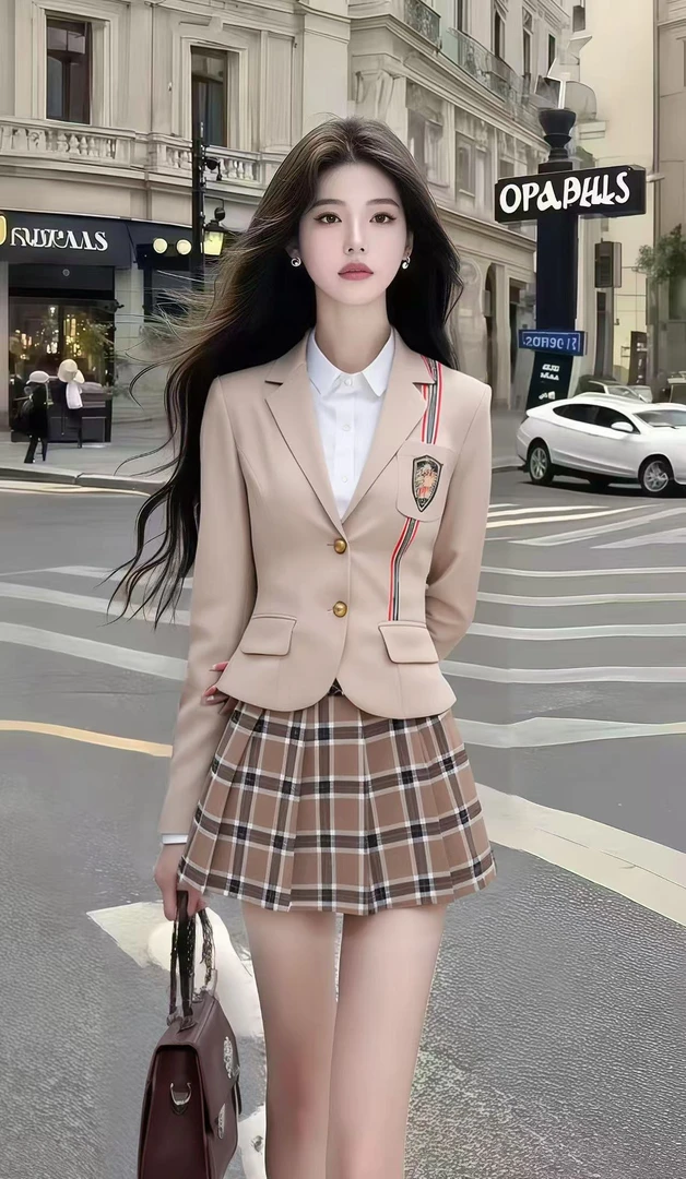 秋季新款学院风卡其色翻领长袖修身外套+棕色格子半身裙女两件套