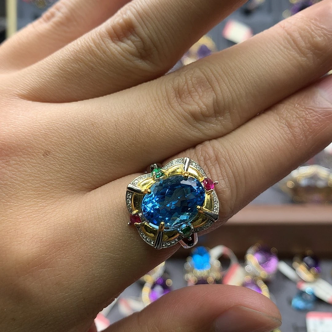 银S925镀金镶嵌戒指托帕石