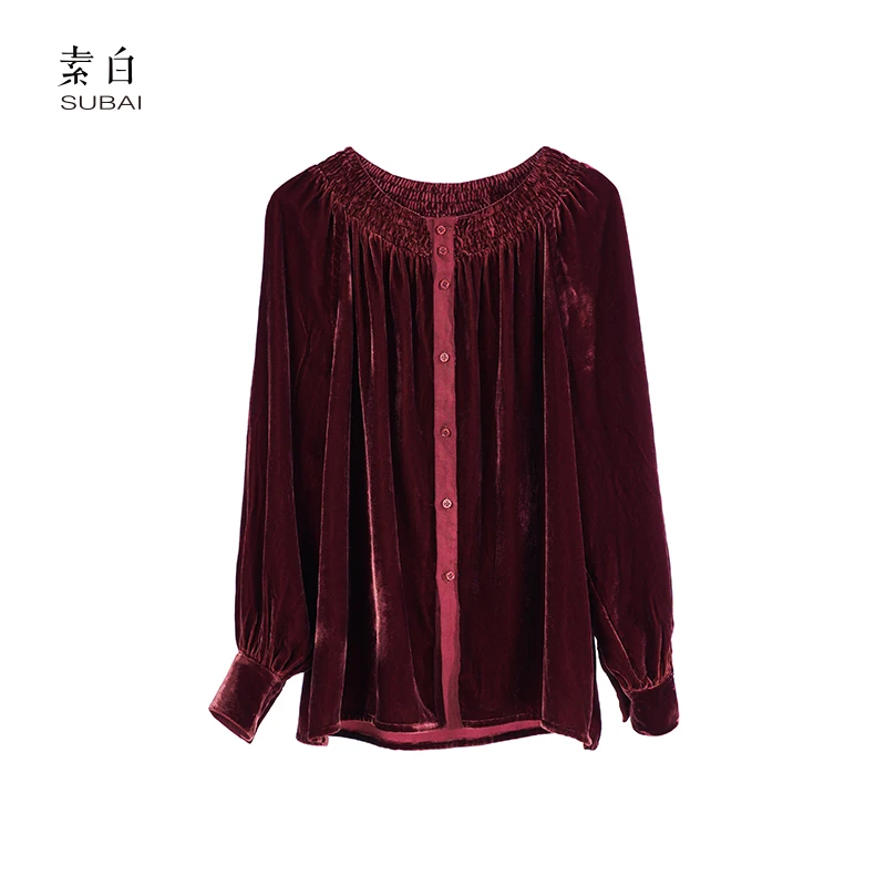 素白【天下有情人】M02013优雅气质圆领丝绒宽松舒适复古感百搭上衣