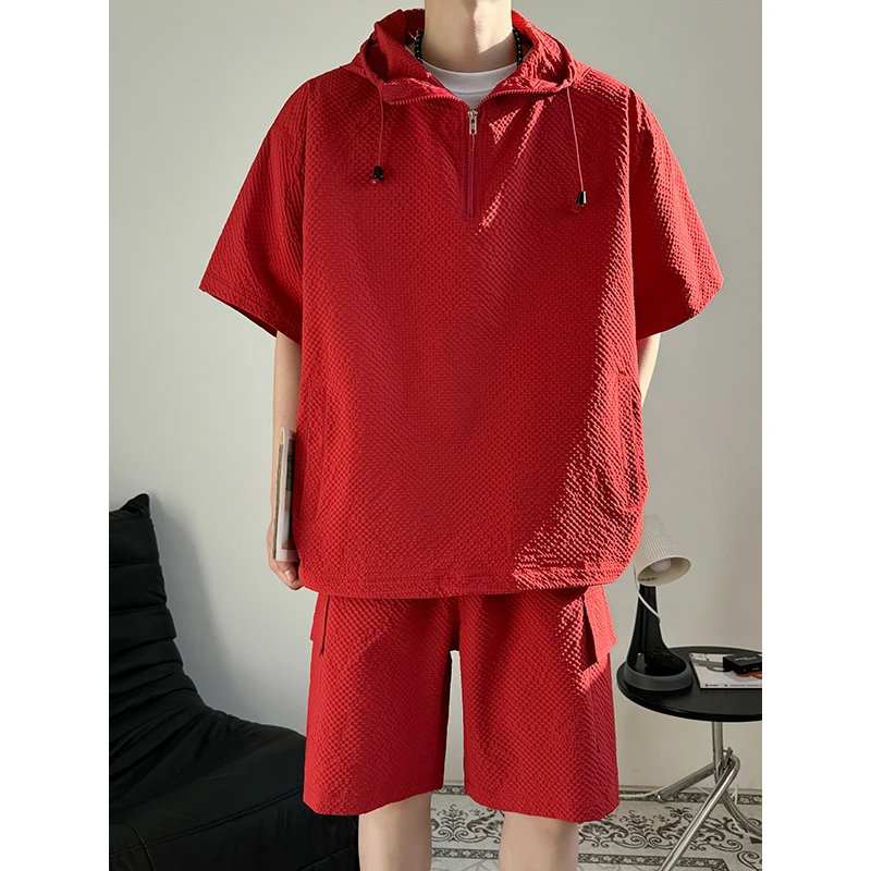 PLQV夏季新款凉感泡泡纱连帽短袖T恤套装短裤运动休闲大码两件套