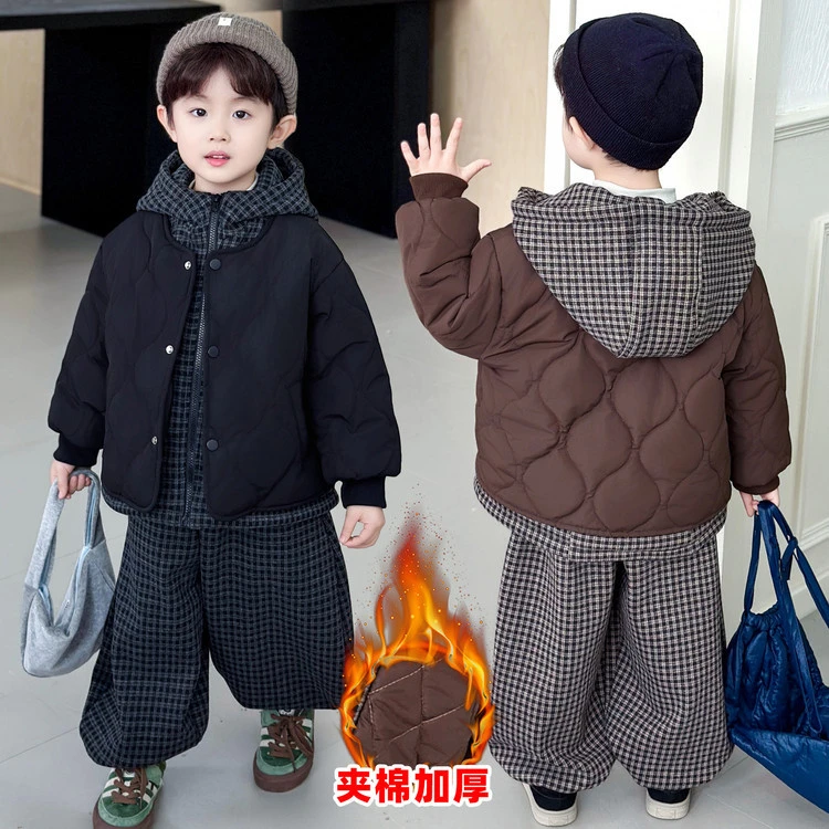 新款童装服装男童冬装拼接绗缝假两件棉衣套装夹棉加厚套中小