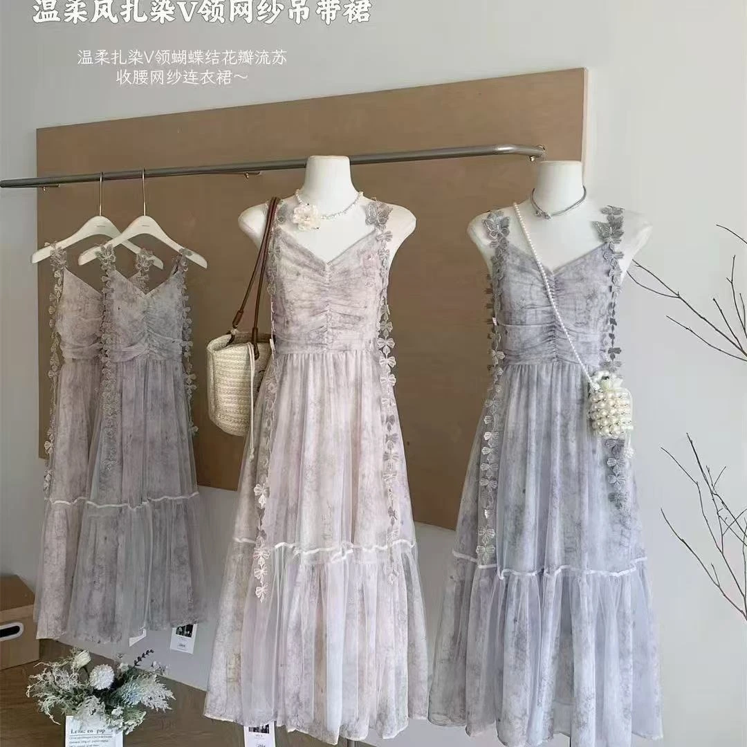 5831# 蝴蝶飘带 网纱雪纺吊带裙