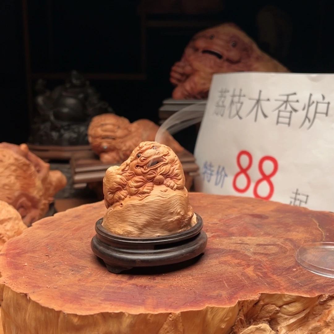云***喜荔枝木荔枝木手工雕刻狮子香炉摆件688