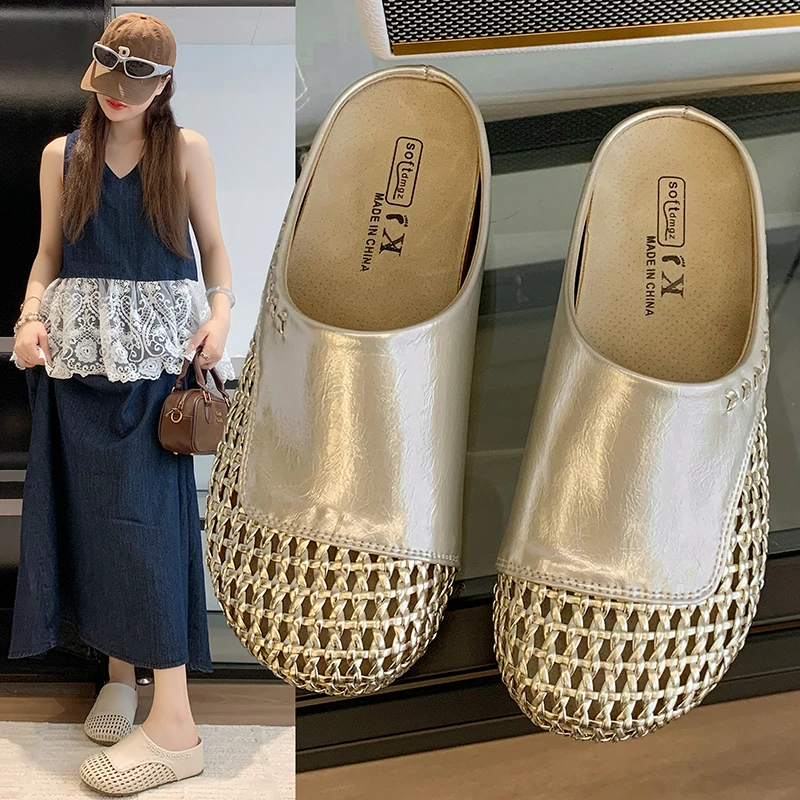 2025夏季新款编织网面透气镂空内增高包头半拖鞋时尚舒适外穿凉拖