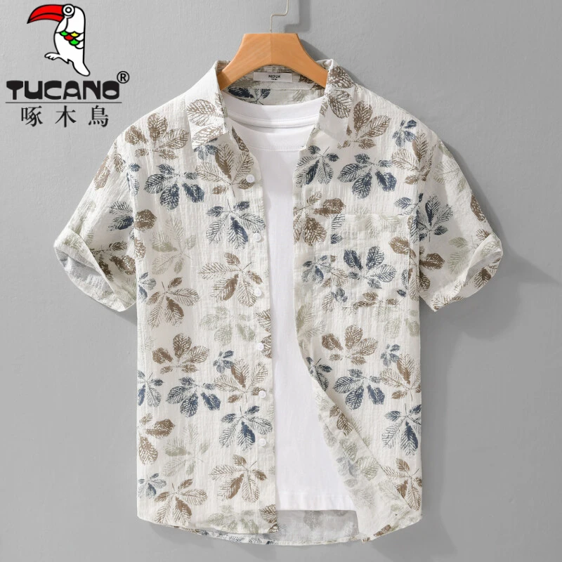 啄木鸟夏季薄款痞帅短袖花衬衫男休闲宽松潮流棉麻透气翻领衬衣男
