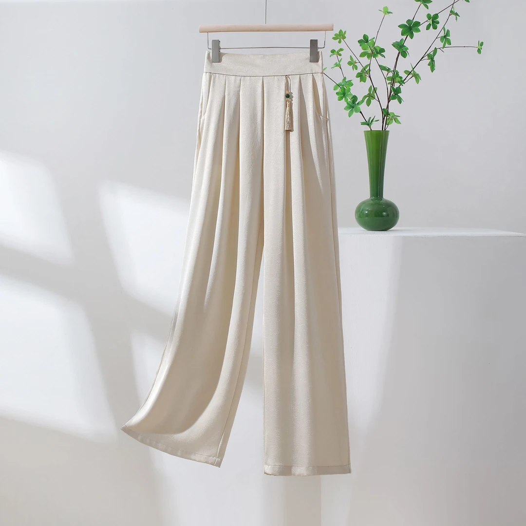 长裤夏季桑蚕丝阔腿裤跳舞裙裤时尚妈妈装休闲裤高腰薄款垂坠新款