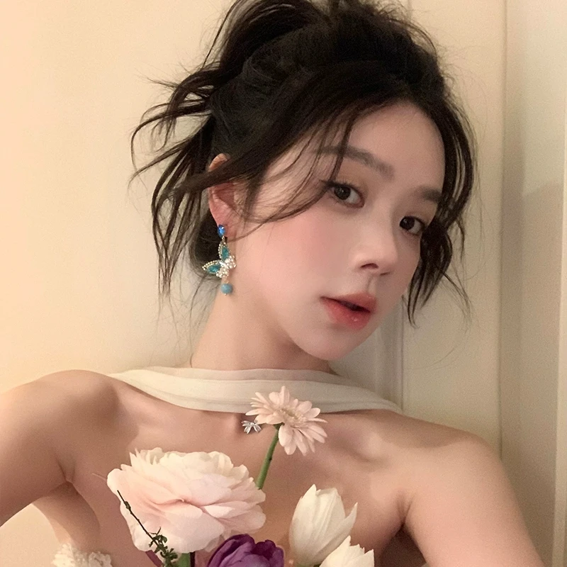 铜合金仿珍珠耳饰 早春韩系氛围闪锆蝴蝶流苏耳环女气质耳针耳饰