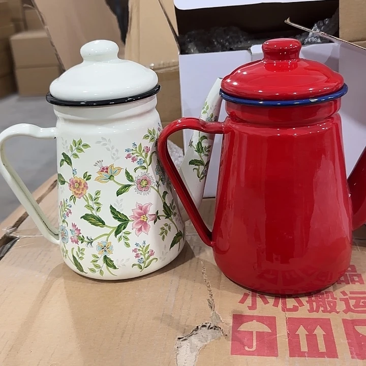 搪瓷处理1.2升搪瓷咖啡壶，图案随机发一个
