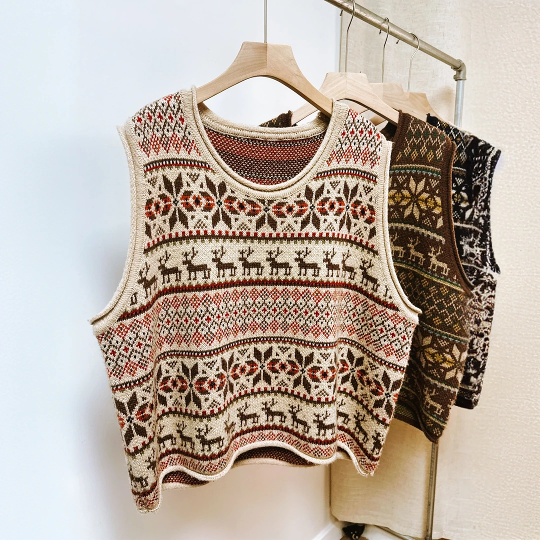 小鹿提花背心宽松羊毛衫女335