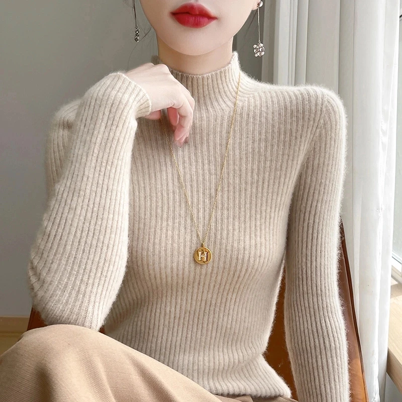 一线成衣！100%纯羊毛衫女修身显瘦抽条半高领冬季加厚针织打底衫