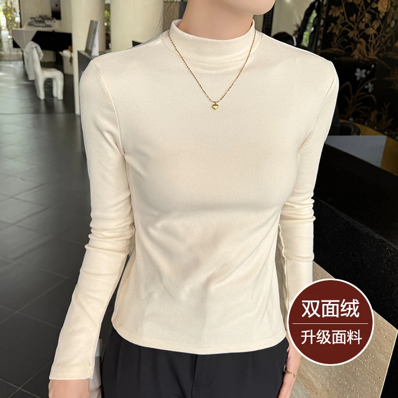 半高领加绒打底衫女时尚通勤秋冬款保暖加厚长袖t恤简约纯色加绒