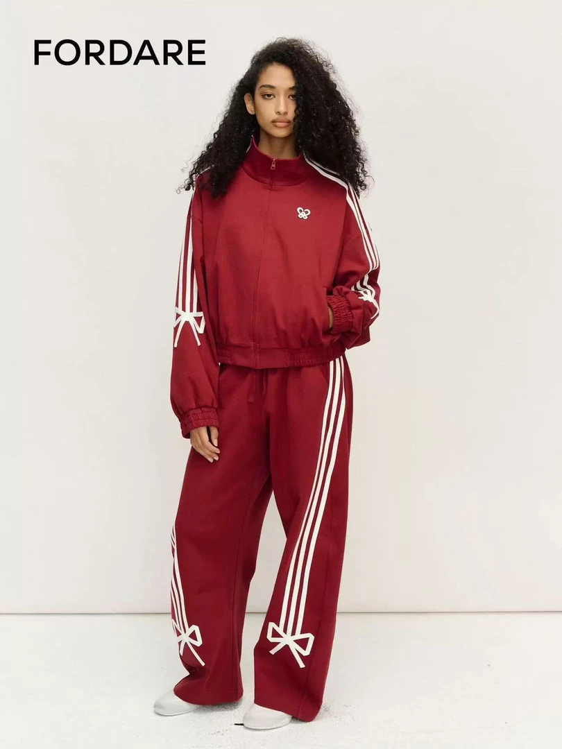 冉莹颖同款FORDARE 红色蝴蝶结贴条运动长裤1099