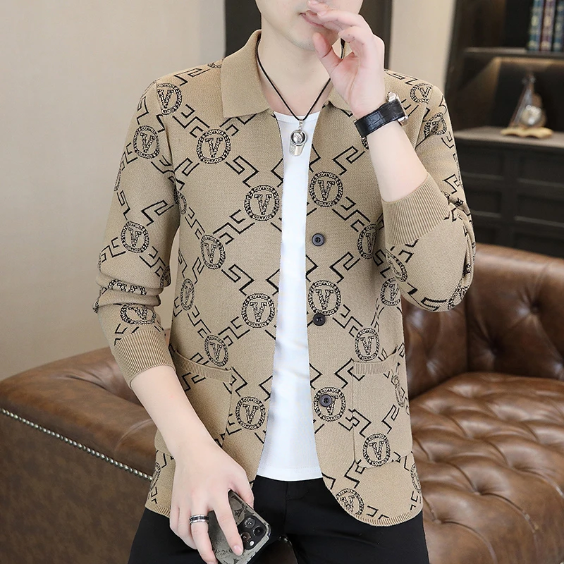 曼库帕娅高级感针织开衫男翻领长袖外穿羊毛衫男装秋季提花上衣服