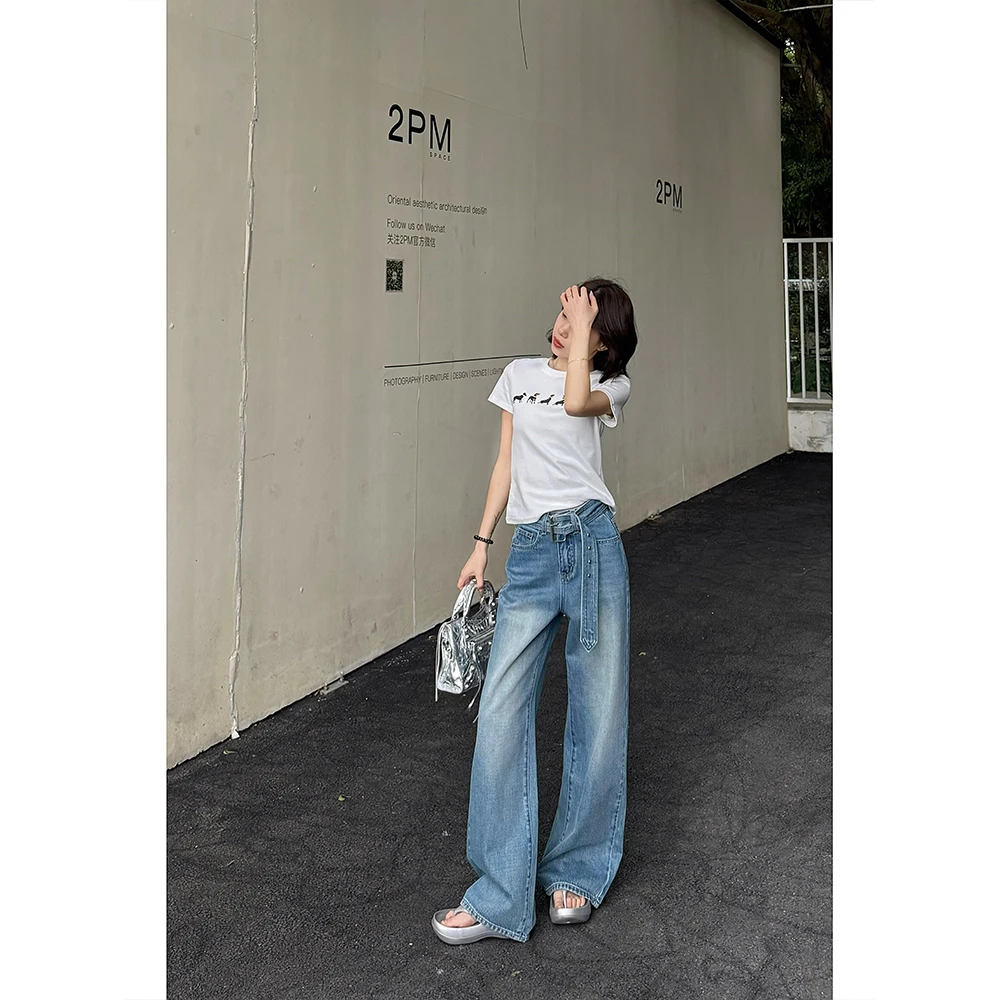 显瘦阔腿裤薄款复古夏季宽松拖地裤垂感设计感牛仔直筒68010