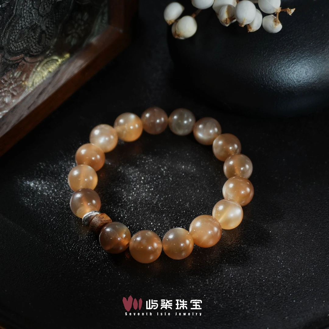 F143 长石玉银925镶嵌 奶茶月光小银算盘珠珠手串10m+