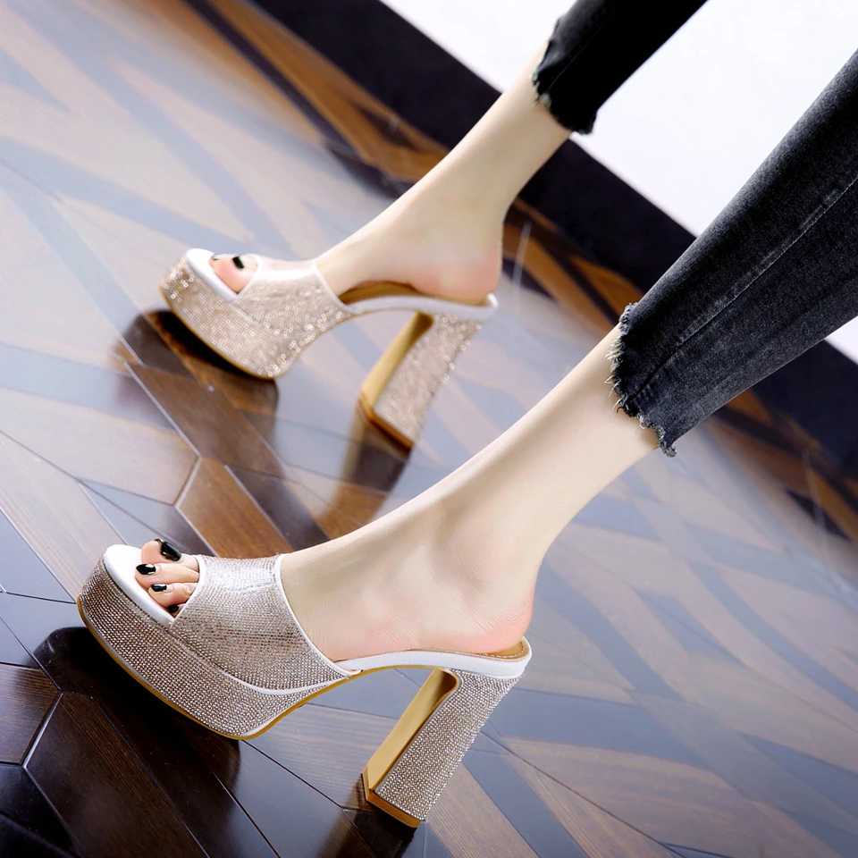 11CM[已开价]超高跟凉鞋2025夏季满钻防水台粗跟一字拖鞋女6732-5