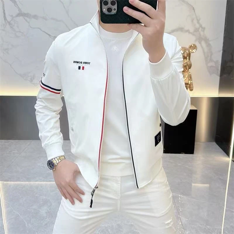 2025春季欧货潮牌时尚修身网红简约徽章刺绣夹克衫男百搭立领外套