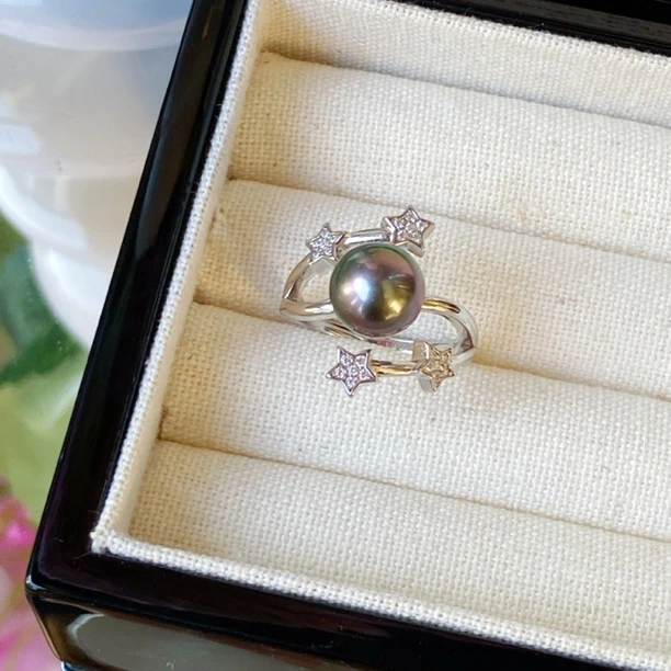 大溪地黑珍珠戒指 星空戒指 海水珍珠