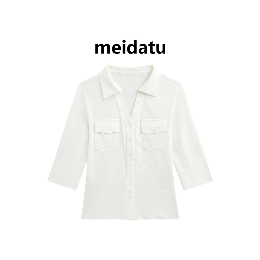 美哒兔（韩女滤镜）高智感时髦中袖翻领上衣（小个子版）CD771-Q