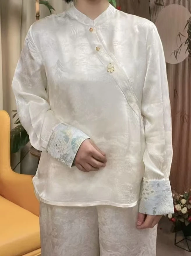新中式国风【如意】高定缎面提花时尚斜门襟气质休闲百搭长袖打底衫