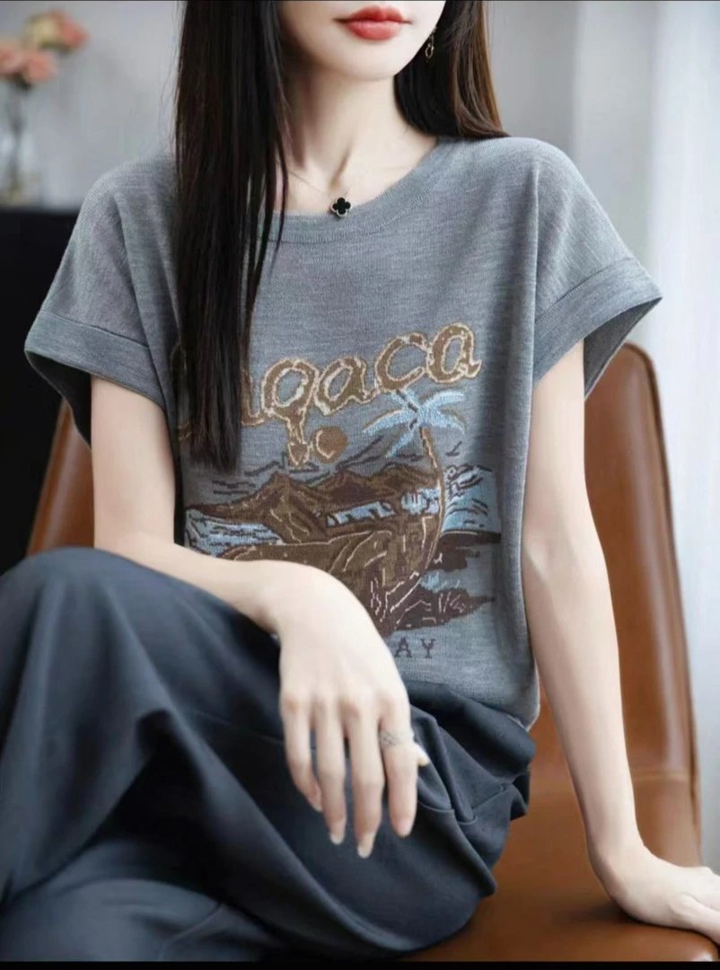 新款夏季小众短袖针织圆领凉感竹节麻女T恤休闲宽松显瘦上衣928