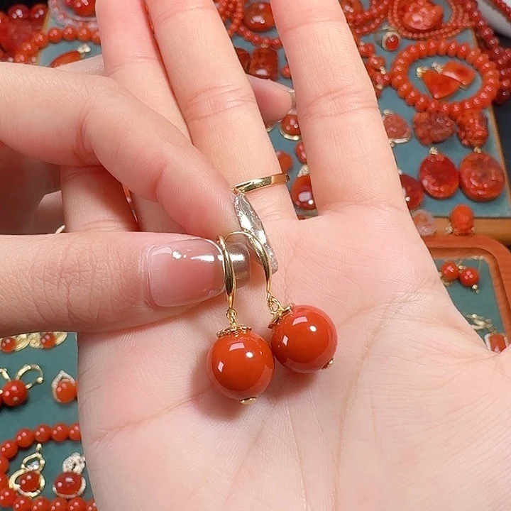 南红玛瑙银S925镶嵌耳饰高货12+