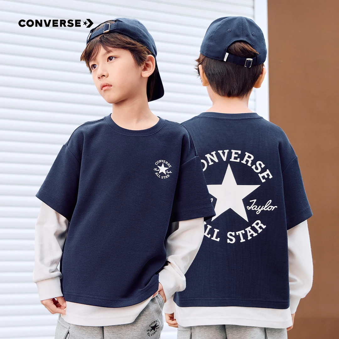Converse匡威男童长袖T恤秋装上衣纯棉打底衫潮流假两件大童J033