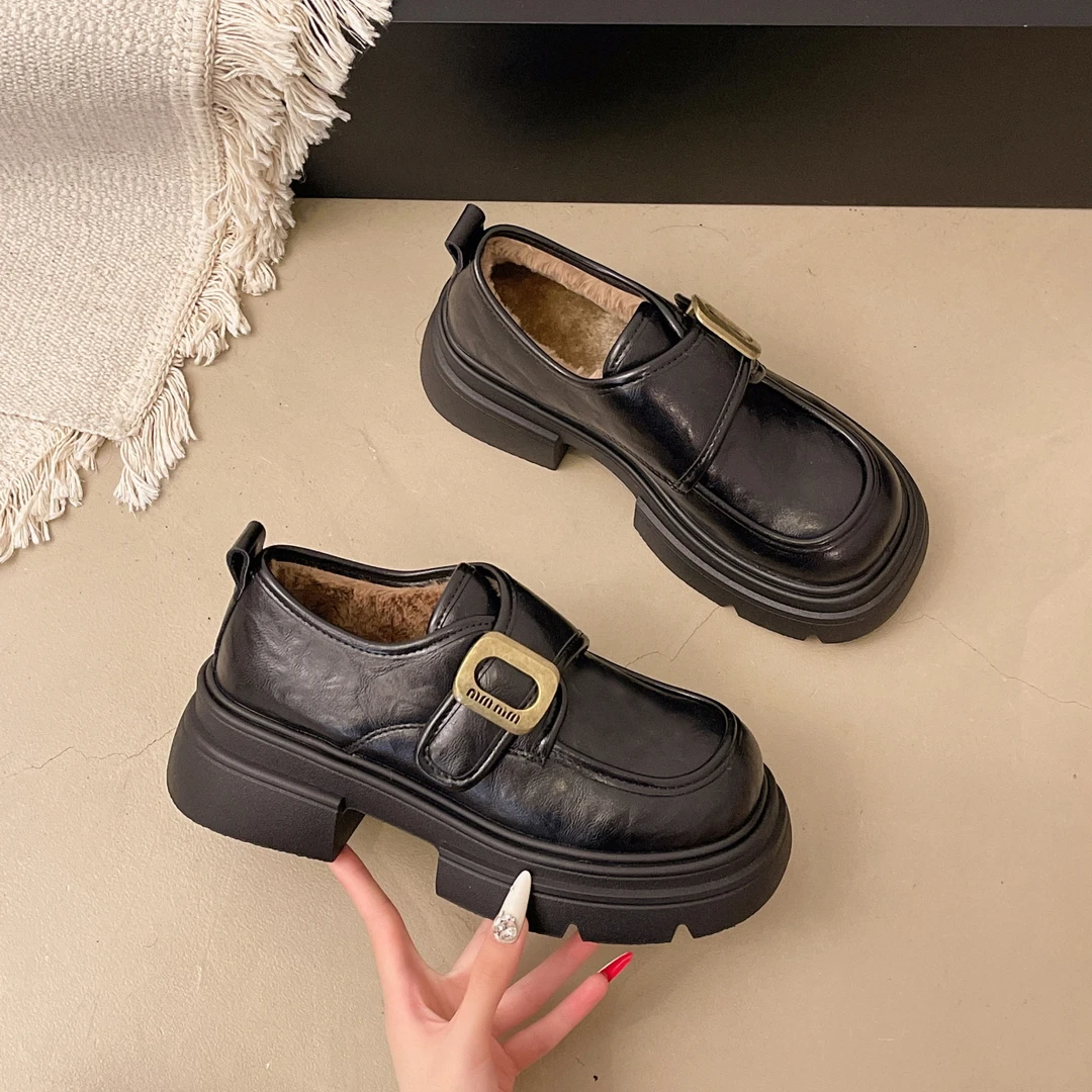 2025冬季新款加绒乐福鞋女5cm厚底轻便小皮鞋软底防滑一脚蹬