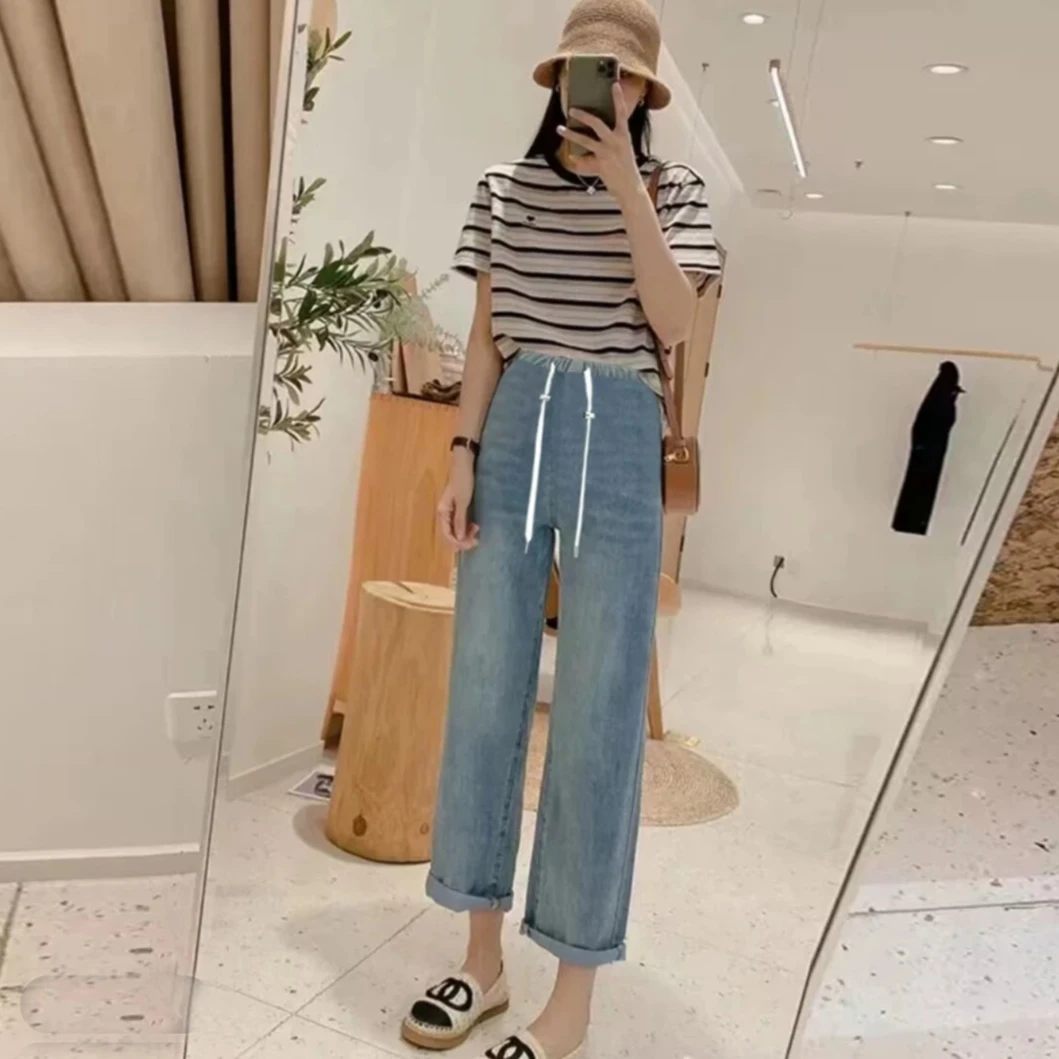 小个子孕妇裤子夏季薄款莱赛尔天丝软牛仔裤阔腿直筒裤八九分产后