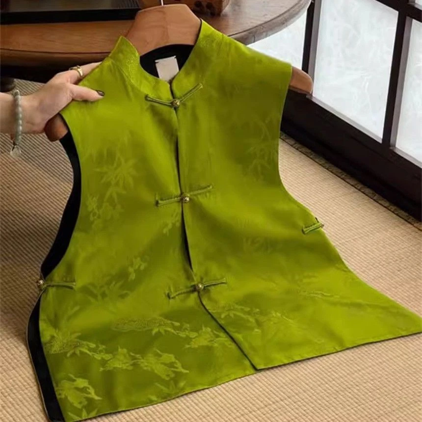 洋气新中式国风绿色盘扣提花女新中式国风女装复古风国风新款马甲