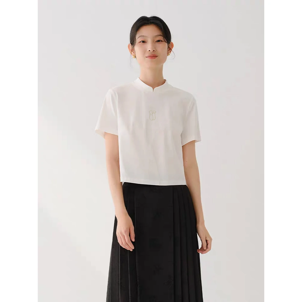 清 清 清」白百合T恤」新中式/奥代尔棉旗袍领国风短袖 D40077